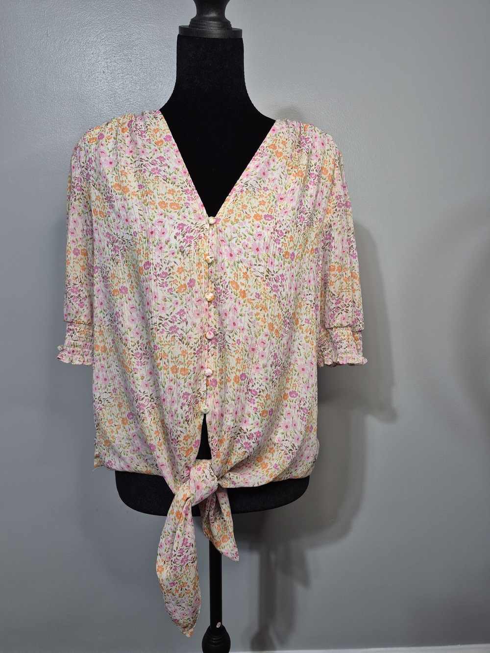 Tamara H Floral Tie Front Blouse Gold Thread Smocked Sleeve Top Large